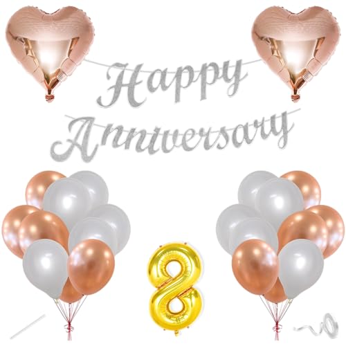 Image of Flyloons 8th Happy Anniversary Decoration Items Rose Gold White for Men Women Husband Wife Mom Dad Parent Couple Home Bedroom Car With 20 Pcs Metallic Balloons Anniversary Banner 2 Pcs Heart Set Kit