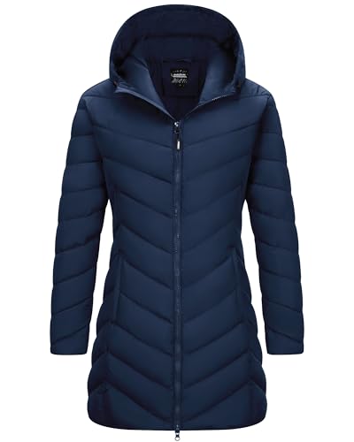 Outdoor Ventures Damen Wintermantel Langer Warmer Steppmantel Leicht Parka Wasserdicht Winterjacke mit Kapuze Funktionsjacke Übergangsjacke Schwarzblau XL