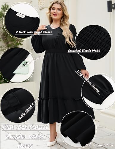 Hanna Nikole Women Plus Size Long Sleeve Casual Dress 2025 Fall V Neck Pleated Flowy Tiered Maxi Dresses with Pockets