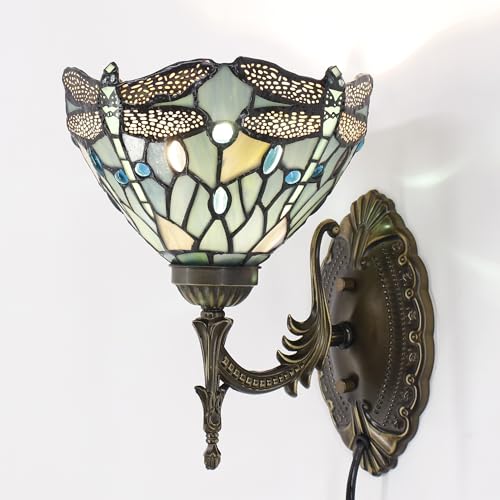 Image of Tiffany Wall Sconce Lamp Stained Glass 8X10.5X11 Inch Plug in Wall Bedside Light for Hallway Bedroom (Sea Blue Dragonfly Style)