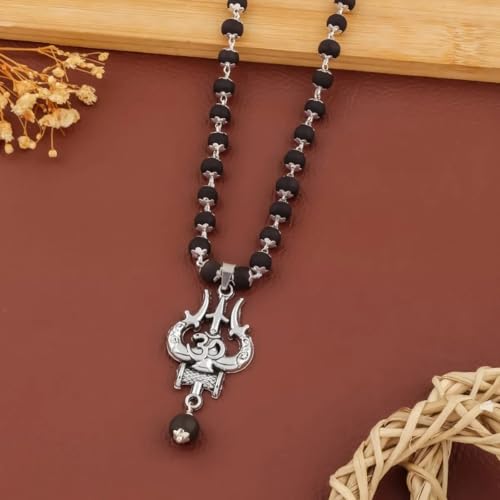 Image of Original Karungali Mala 54 Beads with OM Shiva Trishool Pendant | Govt. Lab Tested Natural Black Ebony Wood | Silver Capped Spiritual Prayer Necklace for Men & Women