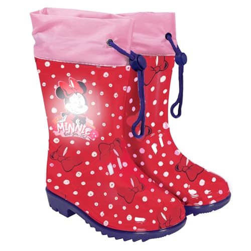 PERLETTI Botas de Agua Niña Minnie Rosa y Rojo - Calzados de Lluvia Disney Minni Niñas 3 4 5 6 Años con Suela Antideslizante - Botas Impermeables Infantiles Cierre de Cordón (Lunares, 26/27)
