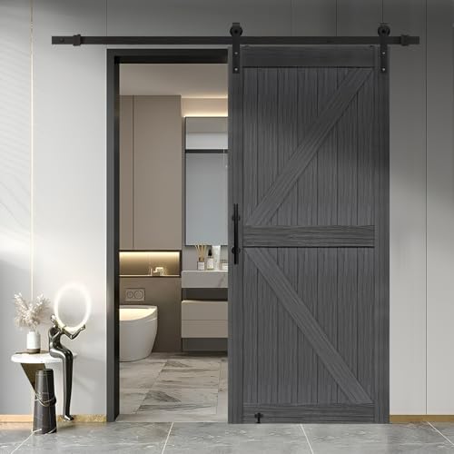 S&Z TOPHAND® 36 in x 84 in MDF Deep Gray British Brace Knotty Barn Door with 6.6FT Sliding Door...