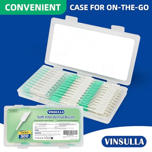 Image of VINSULLA Soft Silicone Interdental Brushes, 300 Count | BPA-Free Flexible Dental Picks with Travel Case for Gentle Teeth Cleaning, Green
