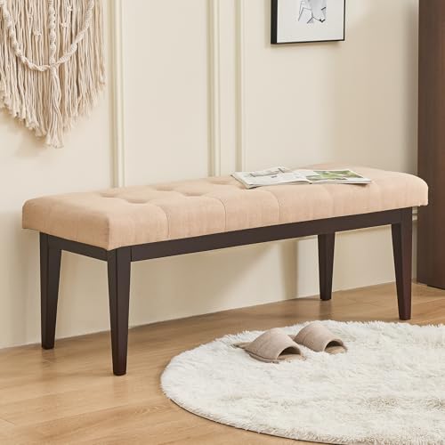 End of Bed Bench, 47.2' Linen Button-Tufted Upholstered Rubberwood Bench for Bedroom with Padded...