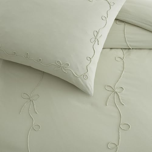 Peri Home Bow Bedding Duvet Cover Cottage Core Vintage Country 100% Cotton 3-Piece Set, Full/Queen, Green Sasha Bows