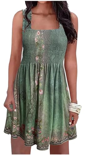 Image of Summer Dress for Women Beach Floral Cover Ups Spaghetti Strap Sundress Smocked Strapless A-Line Mini Dresses