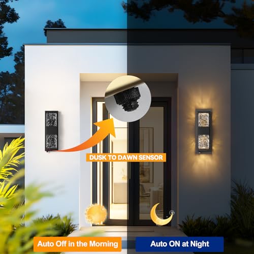 Image of 14.2 inch Dusk to Dawn Outdoor Wall Light, 12W LED,Black 1-Pack | IP65 Waterproof Wall Mounted Sconce, Dusk to Dawn Sensor, Crystal Modern Design, for Porch, Patio, Hallway, Backyard