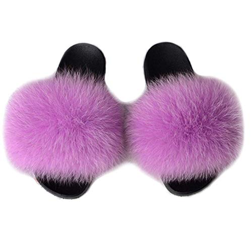Valpeak Furry Slides for Women, Girls Fox Fur Fully Sandals, Slippers for Women Open Toe Indoor Outdoor (Lavender,8.5)