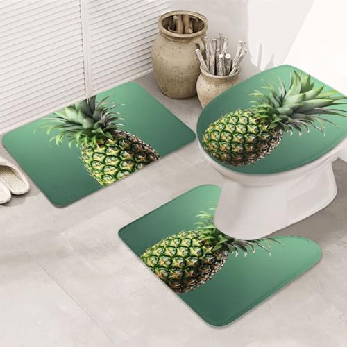 Dwrepo Pineapple Green Print Bathroom Rug Set 3 Piece with Non-Slip U-Shaped Contour Mat and Toilet Lid Cover for Bathroom Decoration