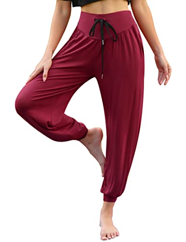 Terecey Pantalon Sarouel Femme Été en Modal Pantalon Yoga Femme Ample Pantalons de Sport Taille Haute Confortable et Léger pour Jogging Loisirs Rouge M