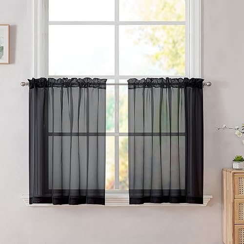 Image of Simplebrand Black Tier Curtains for Kitchen 24 Inches Long 2 Panels Set, Rod Pocket Cafe Curtain Light Filtering Sheer Short Curtains for Bathroom /Basement Half Window 42 x 24 Inch, 2Pcs, Black