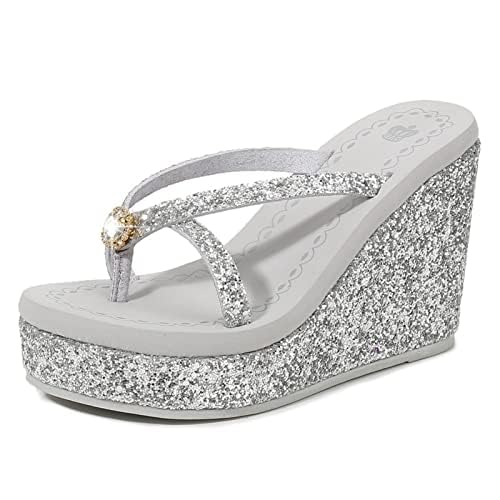 Women's Super High Heel Platform Sequin Diamond Flip Flops Shiny Sequin Wedge Non-Slip Comfortable Flip Flops.2
