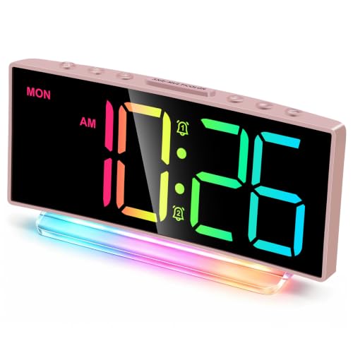 Cadmos Modern Curved Cute Digital Alarm Clock,Colorful Led Display,Adjustable Volume,Weekday/Weekend Mode,Simple Clock for Bedrooms Bedside,Ok to Wake Up for Girls,Kids,Teens (Pink+Dynamic)