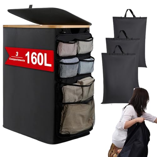 Yonuaret 汚れ物かご - 収納 汚れ衣類 ボックス 160L 蓋付き | 省スペース 衣類 ポップアップ かご,家庭用 寮用 大学部屋用 ベビールーム用 浴室用 毛布 おもちゃ用