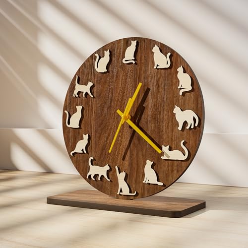 EIGEN Cat Clock for Desk Decor - Desk Clock for Bedroom Decor, Wooden Cat Decor Clocks for Living Room, Silent Table Clock for Shelf Decor, Cute Room Decor
