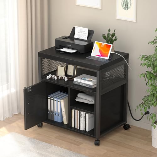 Image of Unikito Lateral File Cabinet, Locking Office Filing Cabinets with Socket and USB Charging Port, Modern Rolling Printer Stand with Storage for A4, Letter Size and File Folders, Black