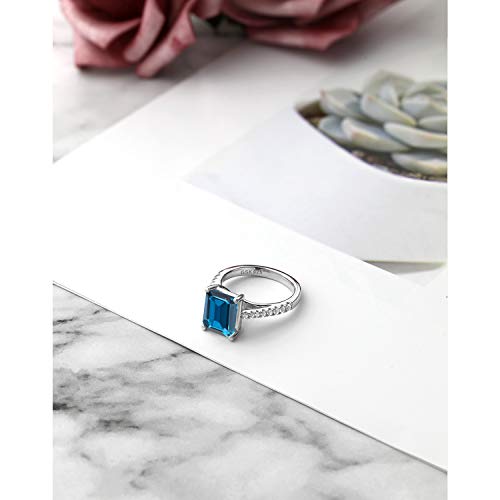 Gem Stone King London Blue Topaz and White Created Sapphire 925 Sterling Silver Women's Engagement Ring (4.26 Cttw, Gemstone Birthstone, 10X8MM Emerald Cut, Available in size 5, 6, 7, 8, 9)4