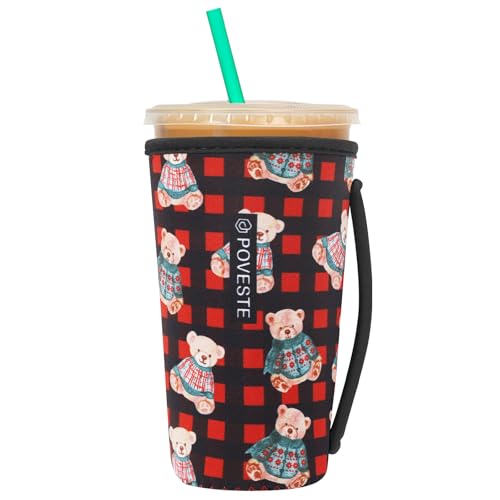 Image of Reusable Neoprene Insulator Sleeve for Iced Coffee & Cold Soda, Coffee Sleeves for Iced & Hot Drinks, Cold Beverage Cooler Compatible with Starbucks, Dunkin (Plaid Bear, Large: 32oz)