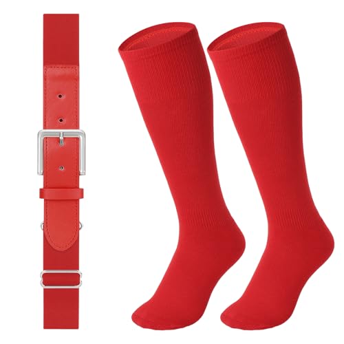 LEACOOLKEY Baseball Belt and Socks Combo Set Adjustable Softball Socks and Elastic Belt for Youth and Adult