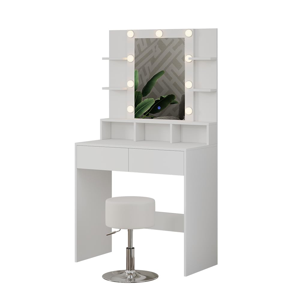 Vicco Tavolo da toeletta Taylor, Bianco, 80 cm con illuminazione LED e sgabello, con illuminazione LED e sgabello girevole regolabile in altezza