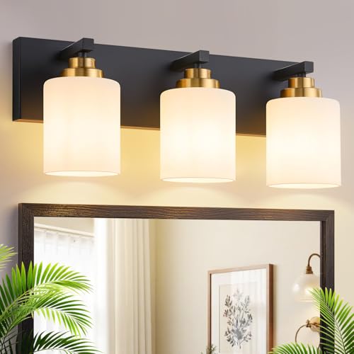 Vanity Lights for Bathroom 3-Light Black and Gold Bathroom Vanity Light Over Mirror with Milky White Glass Shades Modern Bathroom Light Fixtures for Living Room Hallway Cabinet (Bulbs Not Included)