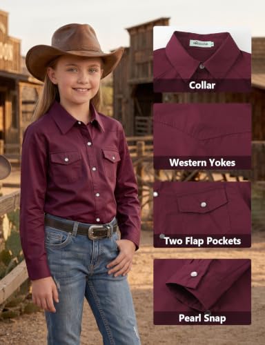 Image of Noomelfish Girls Long Sleeve Western Pearl Snap Button Down Shirt Cowgirl Outfits Blouse Tops (5-14 Years)