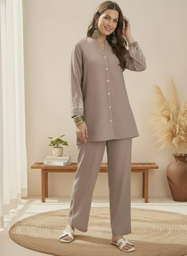 Image of SHEINZY Elegant Embroidered Sleeve Co-Ord Set for Women | Comfortable Silk Blend V-Neck Button-Down Top Matching Pants | Stylish Casual Ethnic Wear