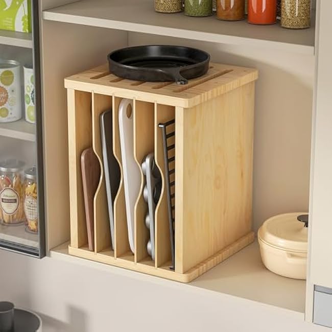 tonchean 6 Tier Wooden Tray Dividers for Cabinets, Kitchen Vertical Divider Organizer, Baking Tray Organizer for Storing Baking Sheets, Pans and Cutting Boards, 13.1 W x 16.6 H x 12.4 D