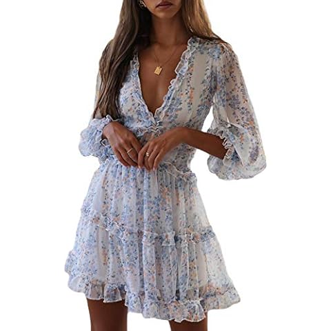 Lynddora Women Casual Long Sleeve Floral Chiffon Dress Ruffle Backless Mini Dress (220829 XL, 1 White) Cover