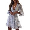 Eytino-Women-Sexy-V-Neck-Long-Sleeve-Open-Back-Printed-Mini-Short-DressesS-XL Eytino Women Long Sleeve Floral Printed Dress V Neck Casual Short Dresses,Small White