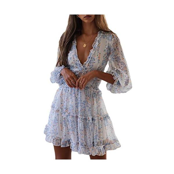 Eytino-Women-Sexy-V-Neck-Long-Sleeve-Open-Back-Printed-Mini-Short-DressesS-XL Eytino Women Long Sleeve Floral Printed Dress V Neck Casual Short Dresses,Small White