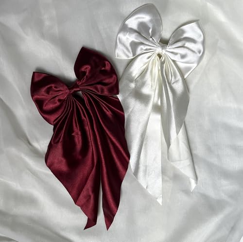 Image of 2 Pack Off White and Red - Hair Bows, Bow Clips for Women - Hair Clips, Luxury Satin Hair Bow Clips for Girls, Hair Clip - Cute Hair Accessories for Girls