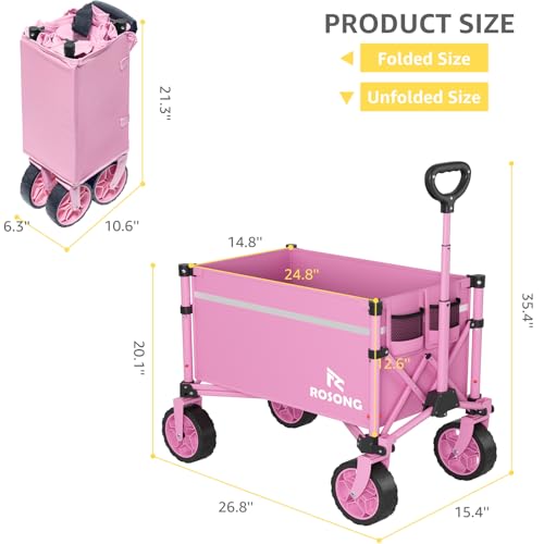 Image of ROSONG Collapsible Wagon Cart with Wheels Foldable - Folding Utility Heavy Duty Wagons Carts for Grocery Sports Garden Shopping Camping Wheelbarrows (Pink, 90L)