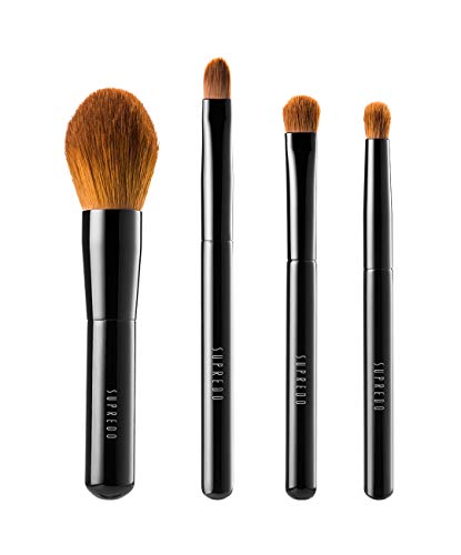 Supredo Essential Mini Makeup Brush Set and Brush Kit, Synthetic Cosmetics Powder Concealer Kabuki Bronzer Blending Blushes for Face, Eye and Brow Makeup,Aluminum Ferrule, Black/Brown (4 pieces)
