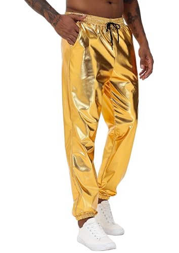 Mens Gold Metallic Shiny Rave Night Club Pants Comfort Sweatpants Disco Dance Party Elastic Trousers3