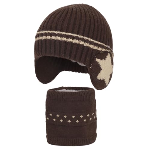 Kids Winter Knitted Beanie Hat Circle Scarf Set Soft Warm Fleece-lined Earflaps Skull Cap for Boys Girls 3-8 Years