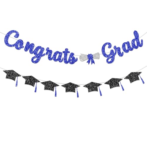 Image of Congrats Grad Congratulations Decorations Banner Pre-Strung Glitter Blue Graduation Class of 2026 with Tassel Decor College High School Party Favors NO DIY