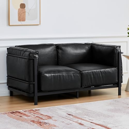 Image of QHITTY Loveseat Sofa, Mid-Century Modern Upholstered Couch Chair Faux Leather Sofa Couch with Iron Frame and Upholstered Armrest Backrest Cushion for Living Room, Office, Apartment (Black)