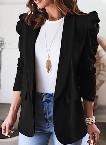 KIRUNDO Women's 2025 Spring Fall Casual Blazers Puff Sleeve Lapel Open Front Work Suit Office Blazer Jackets with Pockets4