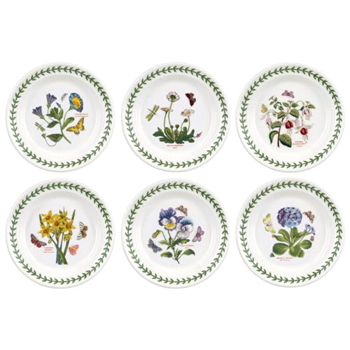 Portmeirion x Botanic Garden Set of 6 Side Plates - White Dessert Plates with Elegant Laurel Leaf Border and Floral Design for Everyday Dining or Picnics, Made in England, Size 16.5cm