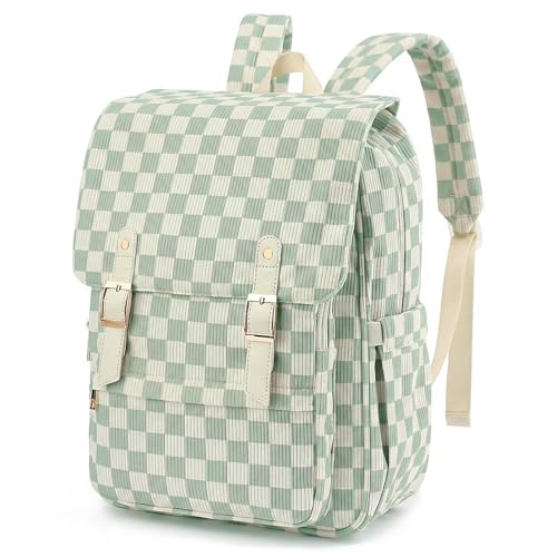 Image of Women Laptop Backpack, Corduroy 15.6 inch Travel Backpack for Work College Business, Teacher Nurse Bag with Large Capacity School Bookbag Bags for Girls - Checkered Matcha Green