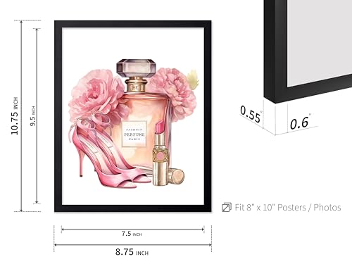 Image of Poster Master Pink Designer Print - Fashion Poster - Shoes, Lipstick & Perfume Art - Chic Gift for Women & Fashionista - Glam Decor for Bedroom or Girl's Room - 8x10 Black Framed