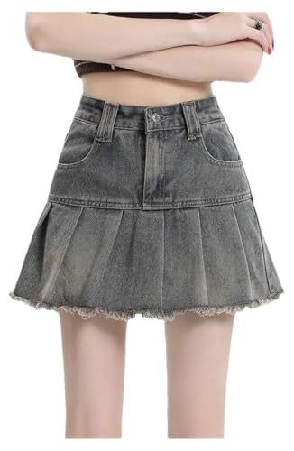 Women's Vintage High Waist Denim Mini Skirt A-Line Pleated Short Jean Skirt
