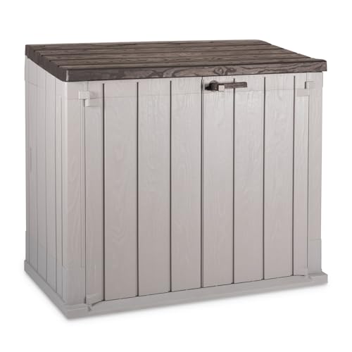 toomax storer plus baule da 842l portattrezzi da giardino 129,5x74,5x111h cm, effetto legno grigio tortora/marrone, porta bidoni spazzatura, con coperchio assistito, ideale per interni ed esterni