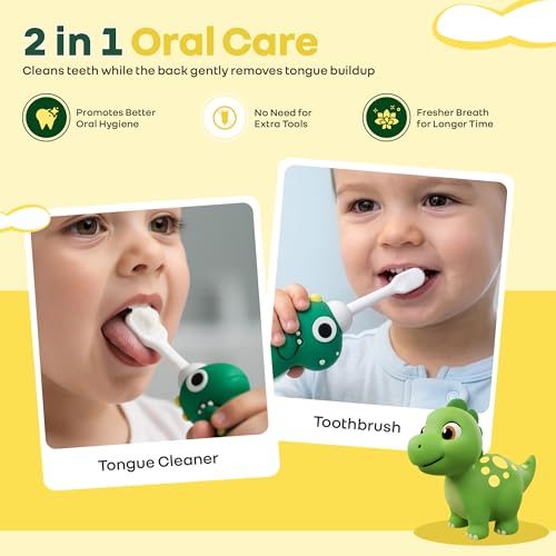 Image of R for Rabbit Tiny Smiles Dino Kids Toothbrush with Tongue Cleaner for Toddlers & Babies 2+ Years | Extra Ultra Soft PBT Bristles, Gentle on Gums | Cute 3D Dinosaur Easy Grip Handle | BPA Free (Green)