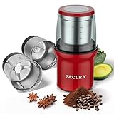 Secura Electric Coffee Grinder and Spice Grinder with 2 Stainless Steel Blades Removable Bowls, Red