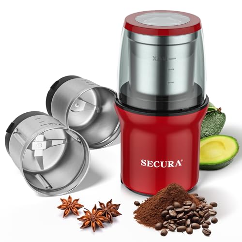 Secura Electric Coffee Grinder and Spice Grinder with 2 Stainless Steel Blades Removable Bowls, Red