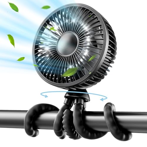 Gaiatop Baby Stroller Fan, 4000mAh Oscillating Mini Portable Fan with Light, 4 Speeds Battery Operated Small Handheld Desk Fan, 360° Rotate Flexible Tripod Clip On Fan for Car Seat Crib Travel Black