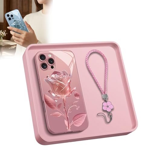 Pink Rose Lanyard Hard Case for iPhone, All-Inclusive Camera Protector Phone Cover, Clear Flower Floral Design Mirror Glass Back
